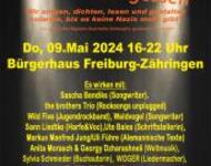 Veranstaltungsplakat- KULTUR wider das vergessen am 9.Mai 2024 im Bürgerhaus Zähringen. Mitwirkende