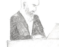 Zeichnung des IT-Experten: Er sitzt mit Anzug vor einem aufgeklapptem Laptop