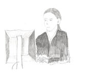 Die Gerichtszeichnung der Protokollführerin: Sie sitzt vor einem Bildschirm mit Robe, den Blick geadeaus, die Hände auf der Tastatur