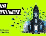 Logo Systemeinstellungen. Eine Kirche im Pixelgewitter. Text: eine Produktion von Netzpolitik.org