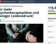 Screenshot Website Campact mit Petition "Für mehr Psychotherapieplätze und weniger Leidensdruck!" steht: Symbolbild mit 2 Personen, die sich gegenüber sitzen, Hände im Schoß gefaltet, Beine übereinanderschlagen. Keine GEsichter, 115.000 Unterschriften.