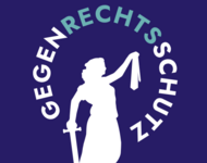 Das Logo zeigt die Sillhouette einer Justizia, die ihr Tuch von den Augen nimmt. Im Kreis ist die Schrift "GEGENRECHTSSCHUTZ" angeordnet, wobei "RECHTS" farblich hervorgehoben ist.