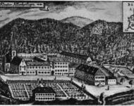 Allerheiligen nach der Erhebung zur Abtei (Darstellung mit Datum 1680 sowie dem von der Gartenbalustrade Allerheiligens abgezeichneten Abteiwappen mit Datum 1669 und Hinweis auf den amtierenden ersten Abt Anastasius Schlecht)