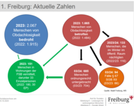Farbige Kreisdiagrame zu Wohnungslosigkeit -drohend wie aktuell - und des Verbleib der Menschen
