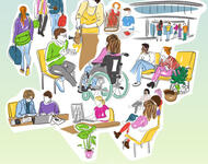 Titelblatt des Programmflyers "Soul at Work - Seelische Gesundheit am Arbeitsplatz" zum Welttag seelscihe Gesundheit vom 10 - 22. Oktober 2024. Viele Menschen in verschiedenem Arbeitsumfeld skizzenhaft und bunt gezeichnet.unten das Logo der Stadt Freiburg