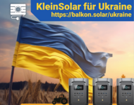 Ukrainische Flagge vor einem Sonnenuntergang und Weizenfeld, davor 3 Power Stations und kleiner Traktor, oben Logo des Vereins Balkon Solar e.V. und Schriftzug: "Kleinsolar für Ukraine" und Link zum Projekt: https://balkon.solar/ukraine