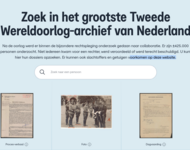 Screenshot: Text: Zoek in het grootste Tweede Wereldoorlog-archief van Nederland  Na de oorlog werd er binnen de bijzondere rechtspleging onderzoek gedaan naar collaboratie. Er zijn ±425.000 personen onderzocht. Niet iedereen kwam voor een rechter, werd v