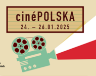 Ein Screenshot der Titelseite des Programms "CinéPolska" zeigt ein illustriertes Bandabspielgerät aus dem die polnischen Nationalfarben (weiß-rot) ausgestrahlt werden. Außerdem Logos von Koki und Polnische Frauen Solidarisch.