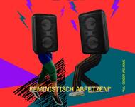 Veranstaltungsplakat. roter Grund, 2 tanzende Lautsprecher