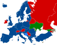 Karte Europas mit NATO-Mitgliedern und -Beitrittskandidaten in blau, Staaten, die keinen Beitritt planen in rot und Ukraine und Georgien in grün.