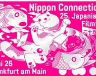 Das Logo der 25. Ausgabe der Nippon Connection: weiß auf Pink ein Koi, eine spielende Katze, ein Smartphone. "25. Japanisches Filmfestival. 27. Mai - 1. Juni 25 Frankfurt am Main"
