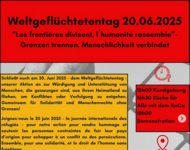  Weltgeflüchtetentag Freitag, 20.06.25 um 15:00 Uhr - 20:00 Uhr -  ORGANISATOR:INNEN: Our Voice & Seebrücke Freiburg  15h00: Kundgebung vor der LEA  16h30: Küche für Alle / das Kontakt Café (KoCa) wird kochen  18h00: Demonstration -  Schließt euch am 20. 