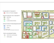 Farblich gestalteter Grundstücksvermarktungsplan des 1. Bauabschnitt des Stadtteil Freiburg-Dietenbach