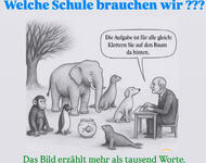 Bild mit Elefant, Affe, Seerobbe - Text: Welche Schule brauchen wir??? - Lehrer: Die Aufgabe ist für alle gleich: Klettern sie auf den Baum - Das Bild erzählt mehr als tausend Worte