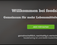 Screenshot des dunkelen Banners auf der Startseite von foodsharing.de Links eine durch zwei grüne Pfeile umwickelte Gabel, rechts/mittig, Willkommensgrüße und grüner Button "Jetzt mitmachen".