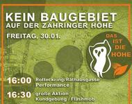 Sharepic: Kein Baugebiet auf derZähringer Höhe - Freitag 30.01: 16 Uhr: Rotteckring/ Rathausgasse Performance - 16.30 Uhr große Kundgebung/ Flashmmob - 19 Uhr: Vortrag im KG 1, HS 1199 - wir brauchen - das Klima- und Artenschutzmanifest - sozial gerechten