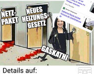 Bild mit drei Haustüren, aus zwei (Netzpaket; neues Heizungsgesetz) läuft Blut. Gaskathi klopft als Tod mit Sichel an die dritte Tür... unten: Details auf balkon.solar