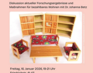 Plakat mit Puppenhauszimmer: Schöner Wohnen in Baden-Württemberg!?  Herausforderungen und Handlungsansätze für bezahlbaren Wohnraum mit Dr. Johanna Betz