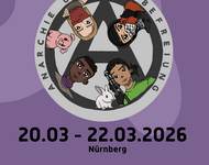 Menschenund Tiere  im Kreis um ein Anarchie-Zeichen