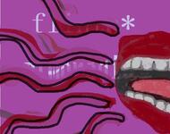 Eigene Kreation: Rote Wellen auf pinkem Grund verlassen einen roten geöffneten Mund mit weißen Zähnen und rosa Zunge