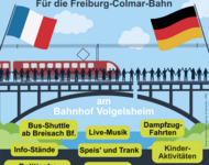 Plakat: Bahn-Fest Für die Freiburg-Colmar-Bahn am Bahnhof Volgelsheim - Bus-Shuttle ab Breisach - Dampfzug-Fahrten - Für rasche Umsetzung der deutsch-französischen Linie! Fahrrad-Sternfahrt, Ausstellungen