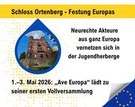 Auf der Grafig ist das Schloss Ortenberg zu sehen, das Datum der geplanten Veranstaltung und der Zusatz: Neurechte Akteure aus ganz Europa vernetzen sich in der Jugendherberge. Unten rechts die EU-Fahne.