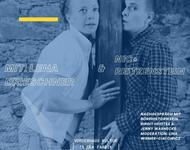 Die Ankündigung von "Hanns Kayser auf der Flucht": Die Hauptdarstellenden Lena Drieschner und Nic* Reitzenstein lehen links und rechts an einem dicken Balken. Oben inner Ecke ist das Logo d. Lesbenfilmtage mit Filmrolle, unten: "Eine wahre Lügengeschichte