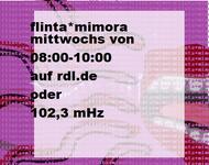 Rosa rotes Bild mit mund und wellen im hintergrund mit dem Zeiten des flinta*mimora radios  