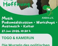 Plakat: Zwischen Repression und Hoffnung - Muisk; Podiumsdiskussion; Workshops - 27. Juni 10.30 Uhr - Togo & Kamerun: Die Wurzeln des politischen Übels & die Rolle der Diaspora
