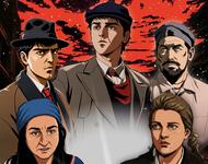 Filmplakat Unbroken - The Song of Survivors: Fünf animierte Charaktere im Manga-Stil vor einem schwarzen und roten Himmel. Das "o" des Titels ist das Rad der Roma und Sinti und zwei Hände in rot halten es..