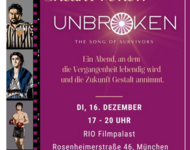 Die Veranstaltungsankündigung für UBROKEN (das "O" ist dabei der Rad die Roma und Sinti); ein pinkes Plakat mit Datum; Uhrzeit und Ort der Verantaltung am 16.12.2025 in München. links ein Filmstreifen mit animierten Charakteren, darunter Rukelie Trollmann