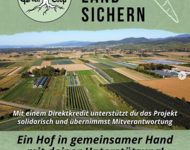 Foto mit gekauften Flächen bei Mengen und Text: Gemeinsam Land sichern - Mit einem Direktkredit unterstützt du das Projekt solidarisch und übernimmst Mitverantwortung
