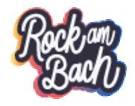 Rock am Bach Logo: in Schreibschrift geschrieben "Rock am Bach" weiß auf schwarzem Grund und rot gelb lila und blau umrandet