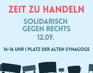 Plakat mit Menschen, die Protestschilder hochhalten. Text: Zeit zu handeln - solidarisch gegen rechts 12.09. 14-16 Uhr | Platz der alten Synagoge - Logo: Freiburg gegen rechts
