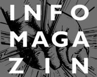 Logo des Infomagazins: Faust fängt Radiowellen ein, grauer Hintergrund, Weiße Schrift zeigt Aufschrift &quot;Infomagazin&quot;