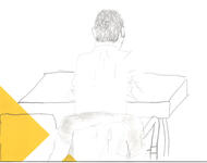 Zeichnung des Polizeizeugen Schwab: Er sitzt mit dem Rücken zur Zeichnerin an einem Tisch. Trägt Hemd und Dienstwaffe; die Hände auf den Tisch gestützt, die Jacke hinter sich über den Stuhl geworfen